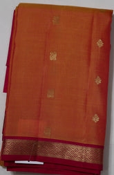 Orange Kanjivaram Saree with Pink and Golden Zari Border