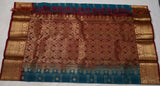 Peacock blue Kanjivaram Saree with Maroon Silver Zari Border