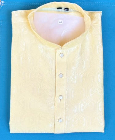 Lucknowi Mens Kurta Pale Yellow - Jackard Kurta - MIRASILKS Lucknowi Mens Kurta Pale Yellow - Jackard Kurta