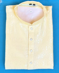 Lucknowi Mens Kurta Pale Yellow - Jackard Kurta - MIRASILKS Lucknowi Mens Kurta Pale Yellow - Jackard Kurta