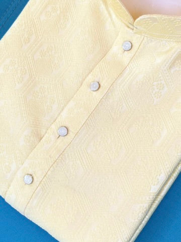 Lucknowi Mens Kurta Pale Yellow - Jackard Kurta - MIRASILKS Lucknowi Mens Kurta Pale Yellow - Jackard Kurta