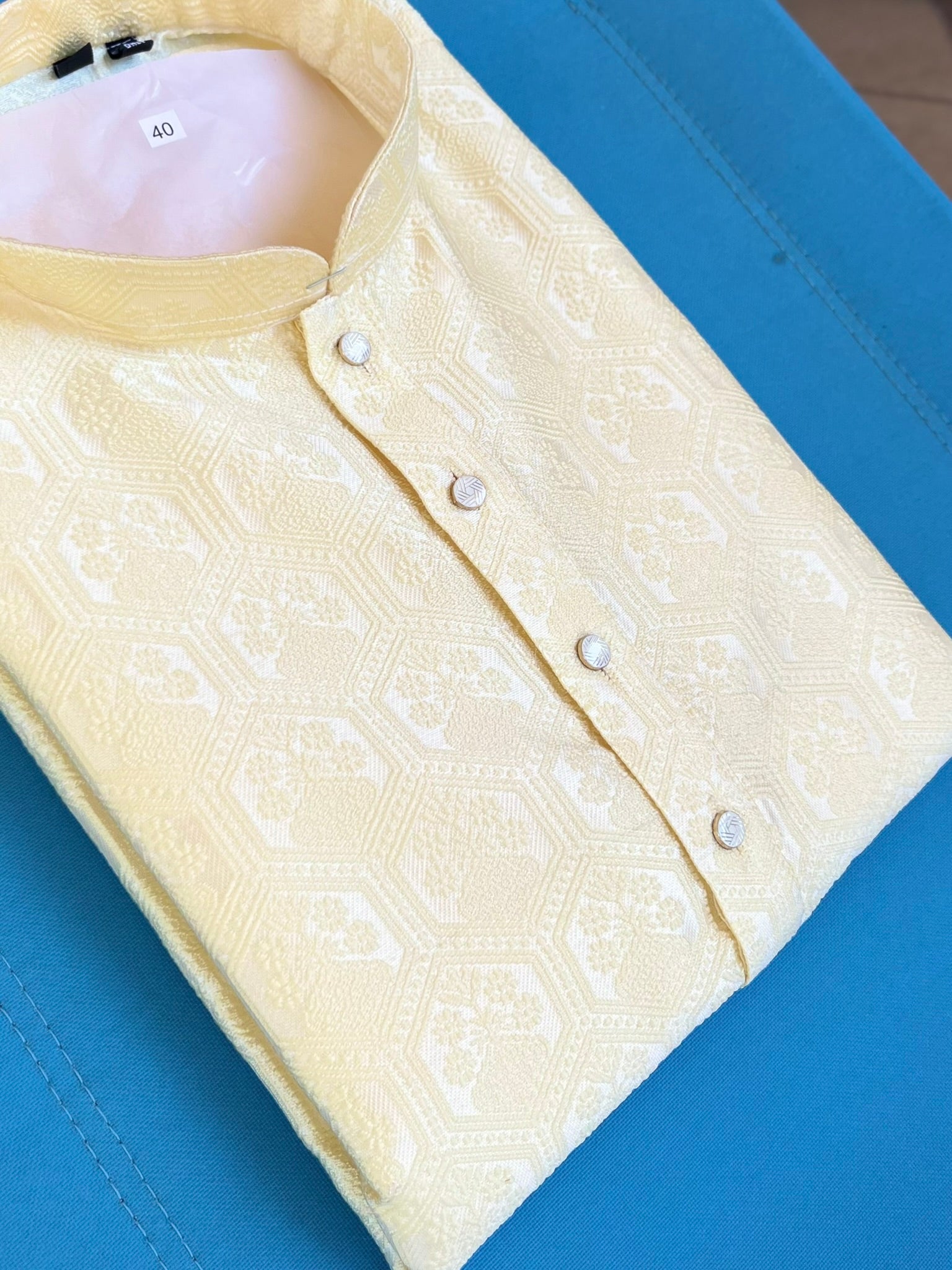 Lucknowi Mens Kurta Pale Yellow - Jackard Kurta - MIRASILKS Lucknowi Mens Kurta Pale Yellow - Jackard Kurta