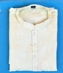 Lucknowi Mens Kurta Pale Yellow - Jackard Kurta - MIRASILKS Lucknowi Mens Kurta Pale Yellow - Jackard Kurta