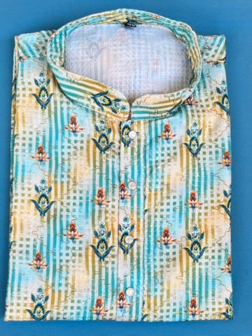 Lucknowi Mens Kurta - Green stripes - MIRASILKS Lucknowi Mens Kurta - Green stripes