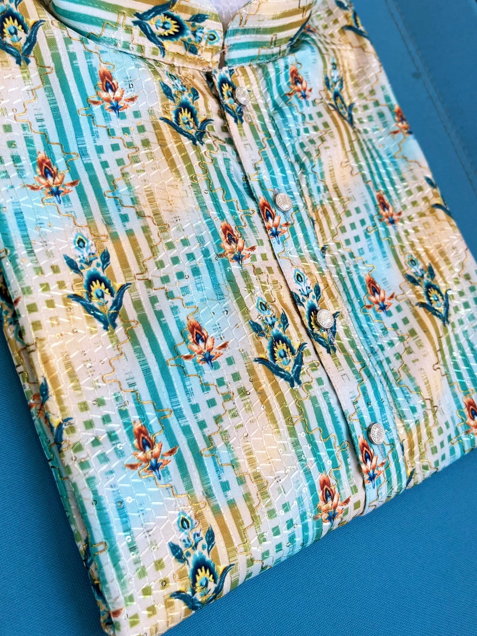 Lucknowi Mens Kurta - Green stripes - MIRASILKS Lucknowi Mens Kurta - Green stripes