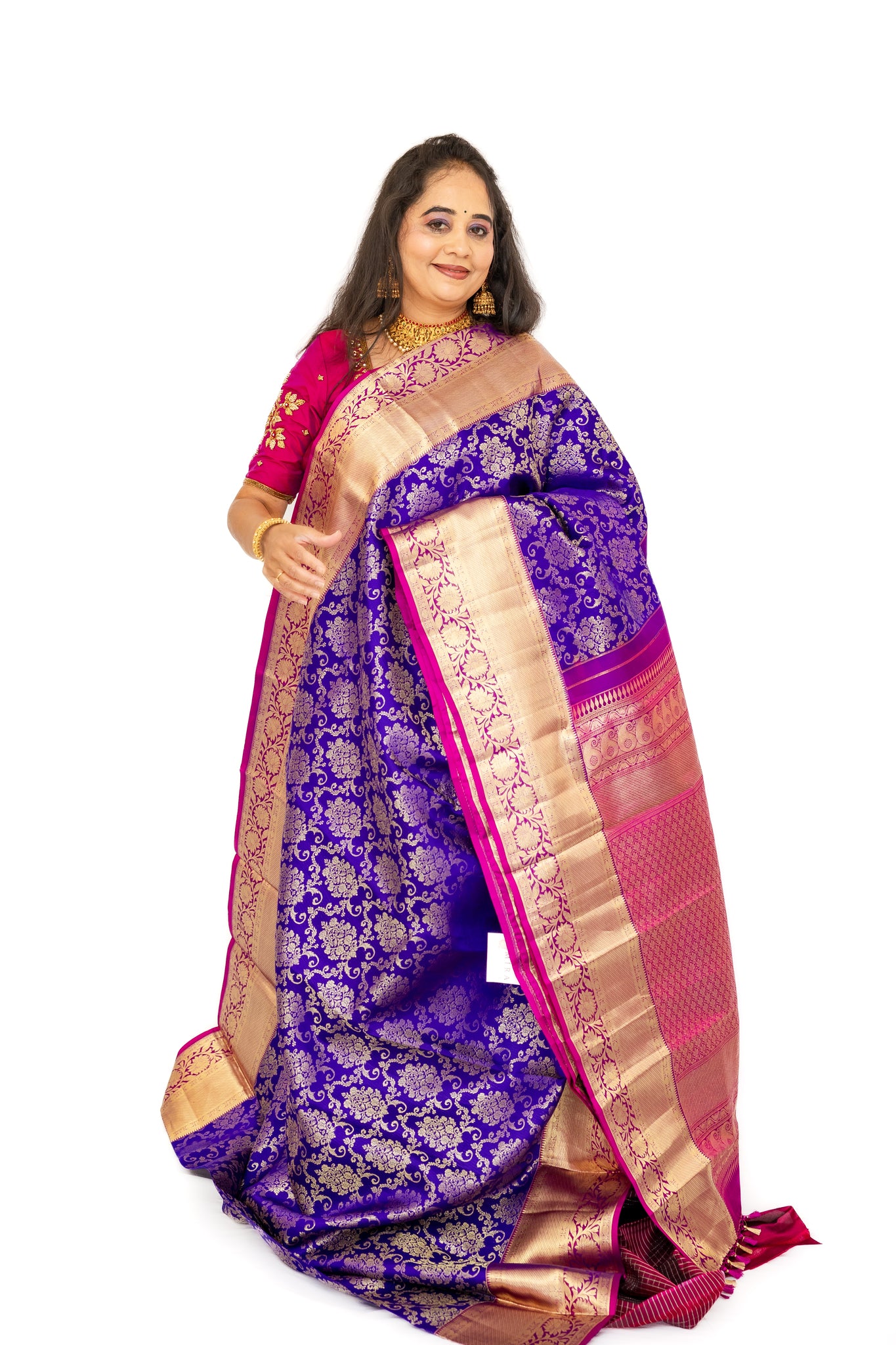 Indigo Kanjivaram Saree with Dark Fuchsia Border