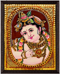 KRISHNA- authentic Tanjore painting W/Shipping - MIRASILKS KRISHNA- authentic Tanjore painting W/Shipping