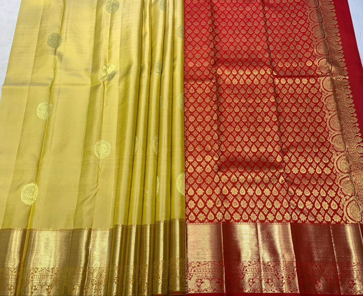 Light Olive Green Kanjivaram Saree With Paprika Red Pallu