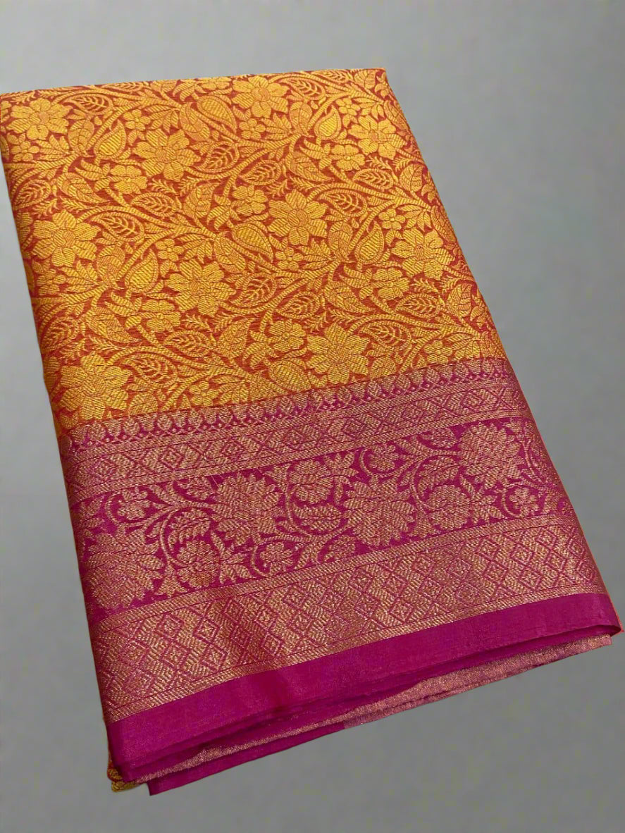 Light Orange Banarasi Semi Silk Saree with Mulberry Border
