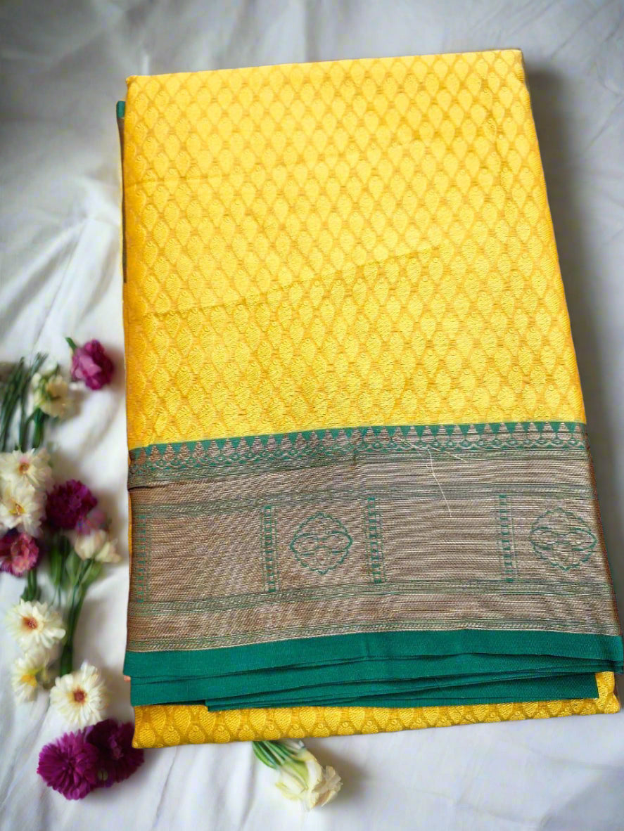 Light Yellow Banarasi Semi Silk Saree with Dark Green Border