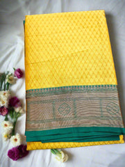 Light Yellow Banarasi Semi Silk Saree with Dark Green Border