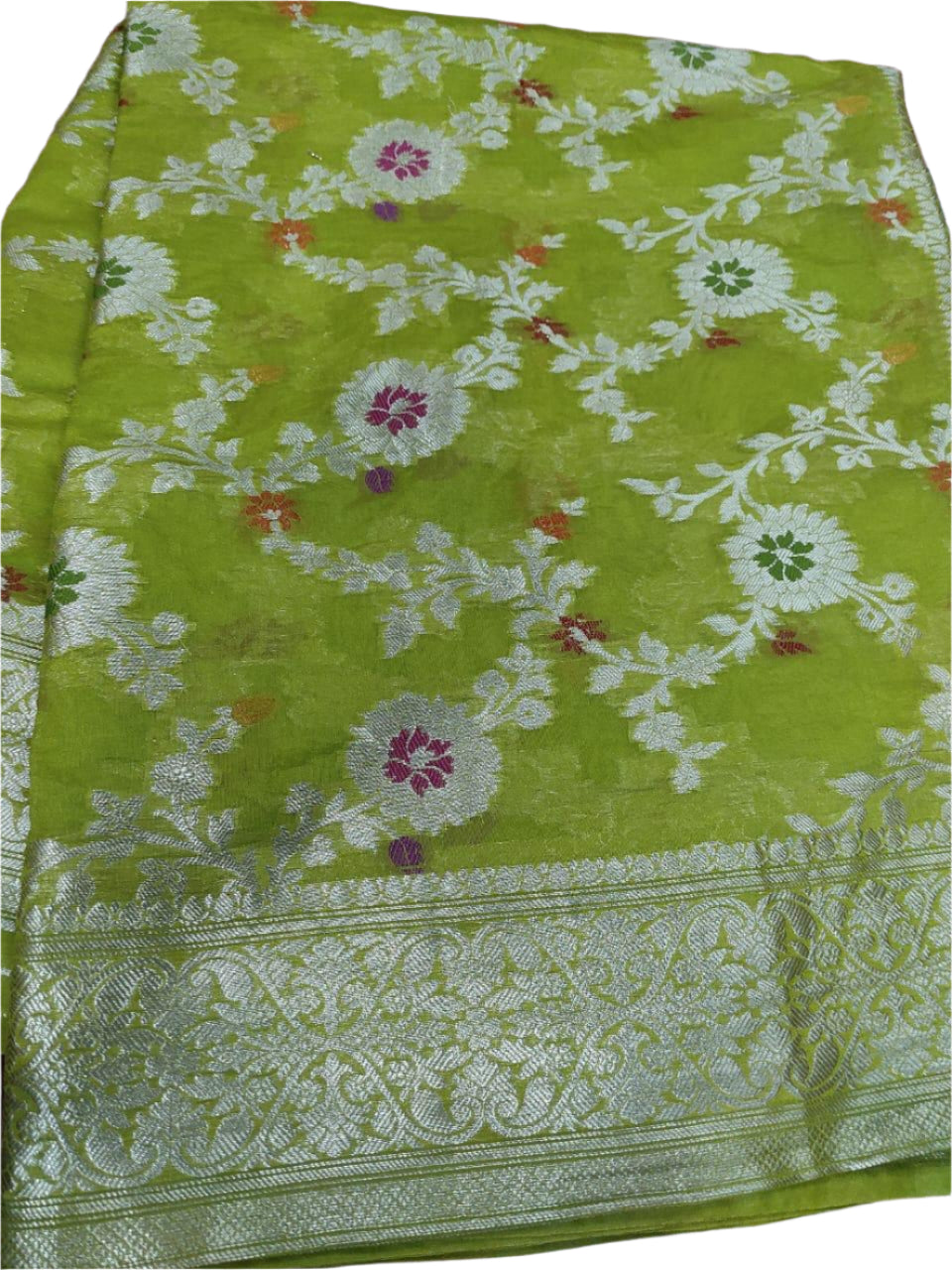 Lime Green Banarasi Jaal Saree with Silver Border