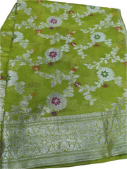 Lime Green Banarasi Jaal Saree with Silver Border