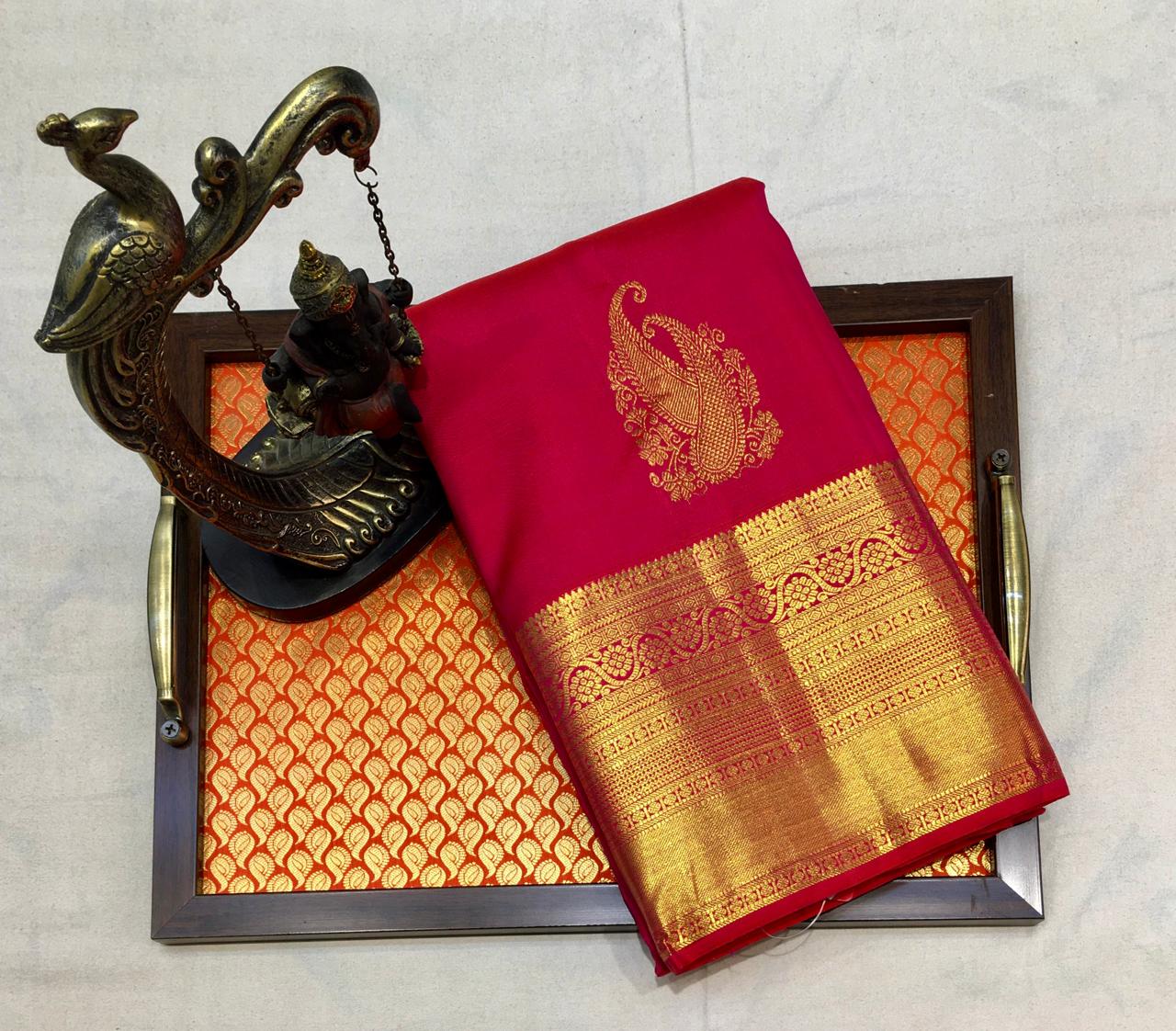 Lipstick Red Kanjivaram Saree With Broad Zari Border - MIRASILKS Lipstick Red Kanjivaram Saree With Broad Zari Border