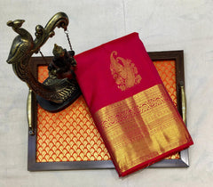 Lipstick Red Kanjivaram Saree With Broad Zari Border - MIRASILKS Lipstick Red Kanjivaram Saree With Broad Zari Border