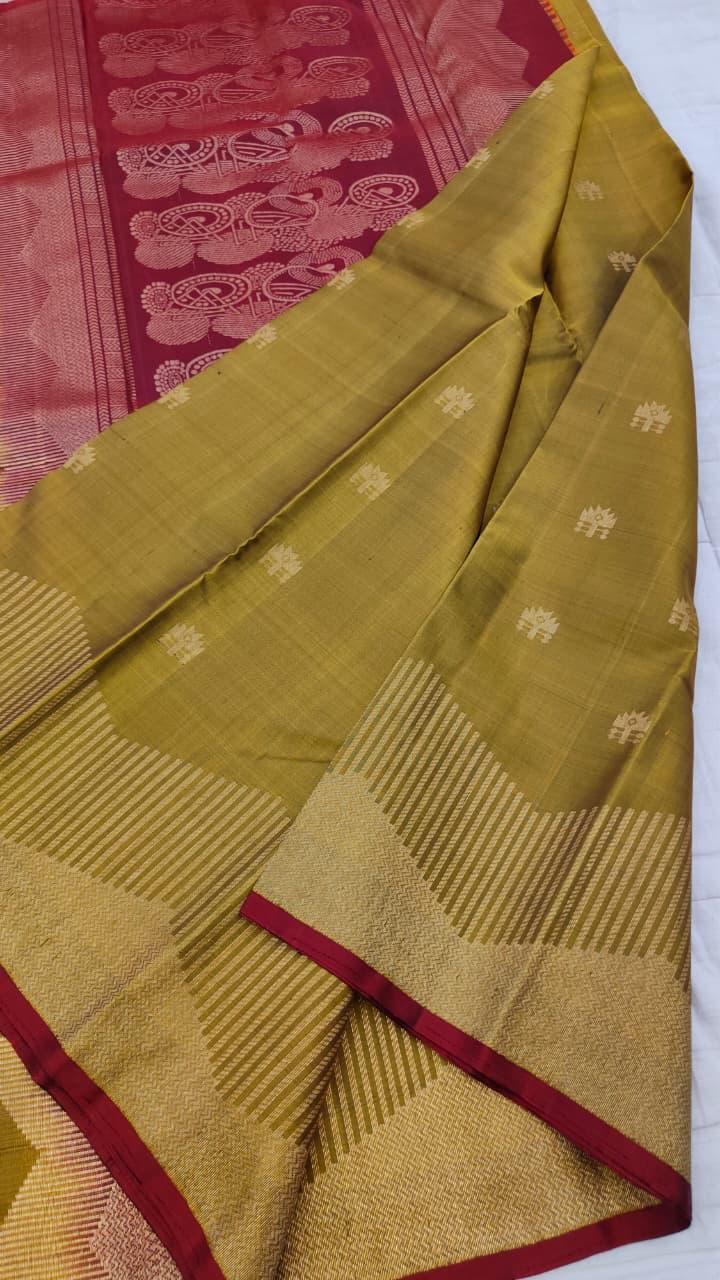 Luxor Gold Soft Silk Saree with Maroon Pallu