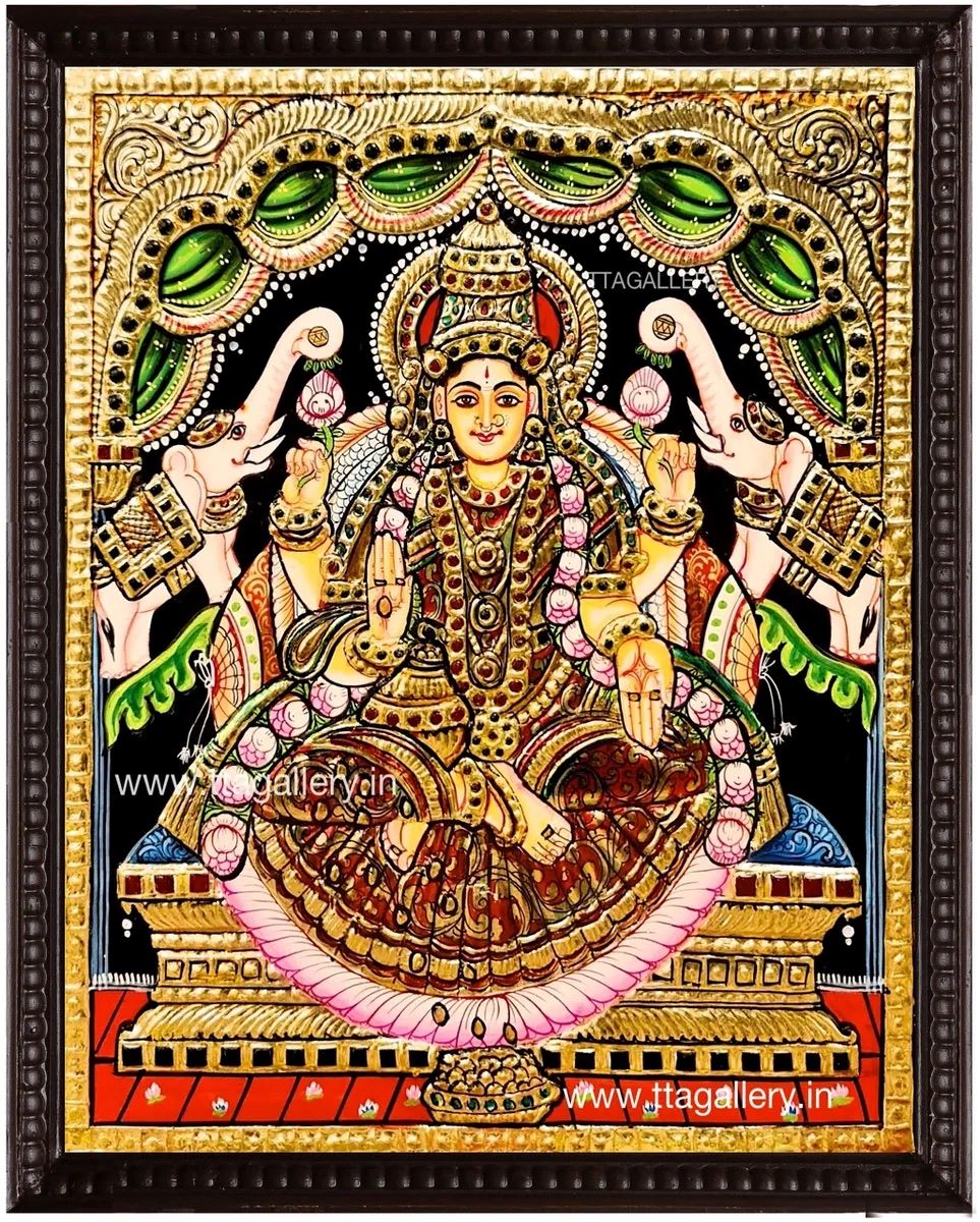 Mahalakshmi - symbol of prosperity - authentic Tanjore painting W/Shipping - MIRASILKS Mahalakshmi - symbol of prosperity - authentic Tanjore painting W/Shipping