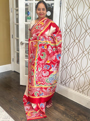 Marble Batik pattern White Bengal Silk Saree With Peacock Pattern Pallu - MIRASILKS Marble Batik pattern White Bengal Silk Saree With Peacock Pattern Pallu