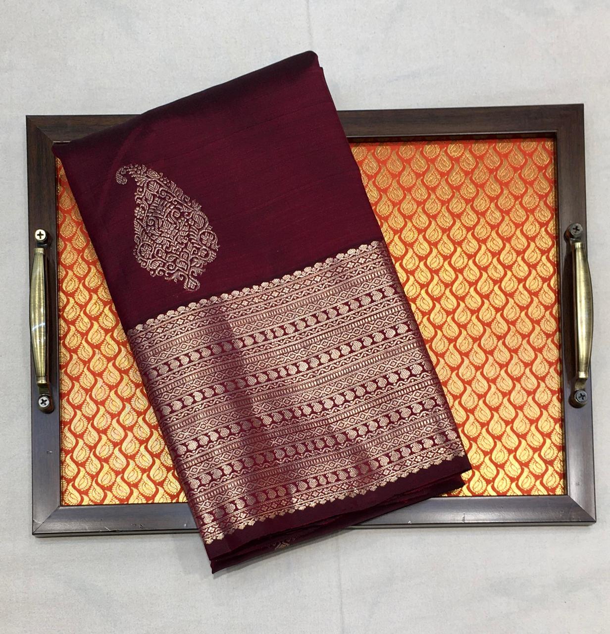Maroon Kanchi with Silver Zari Pallu - MIRASILKS Maroon Kanchi with Silver Zari Pallu