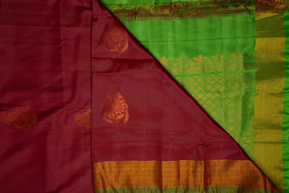 Maroon Soft Silk with Green Pallu & Stitched Blouse - MIRASILKS Maroon Soft Silk with Green Pallu & Stitched Blouse