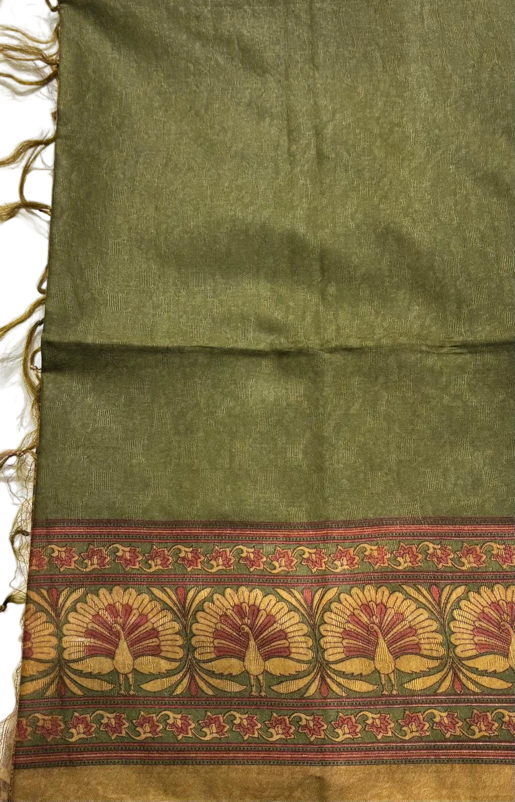 Moss Green Ghicha Tussar Saree With Dark Sand Border