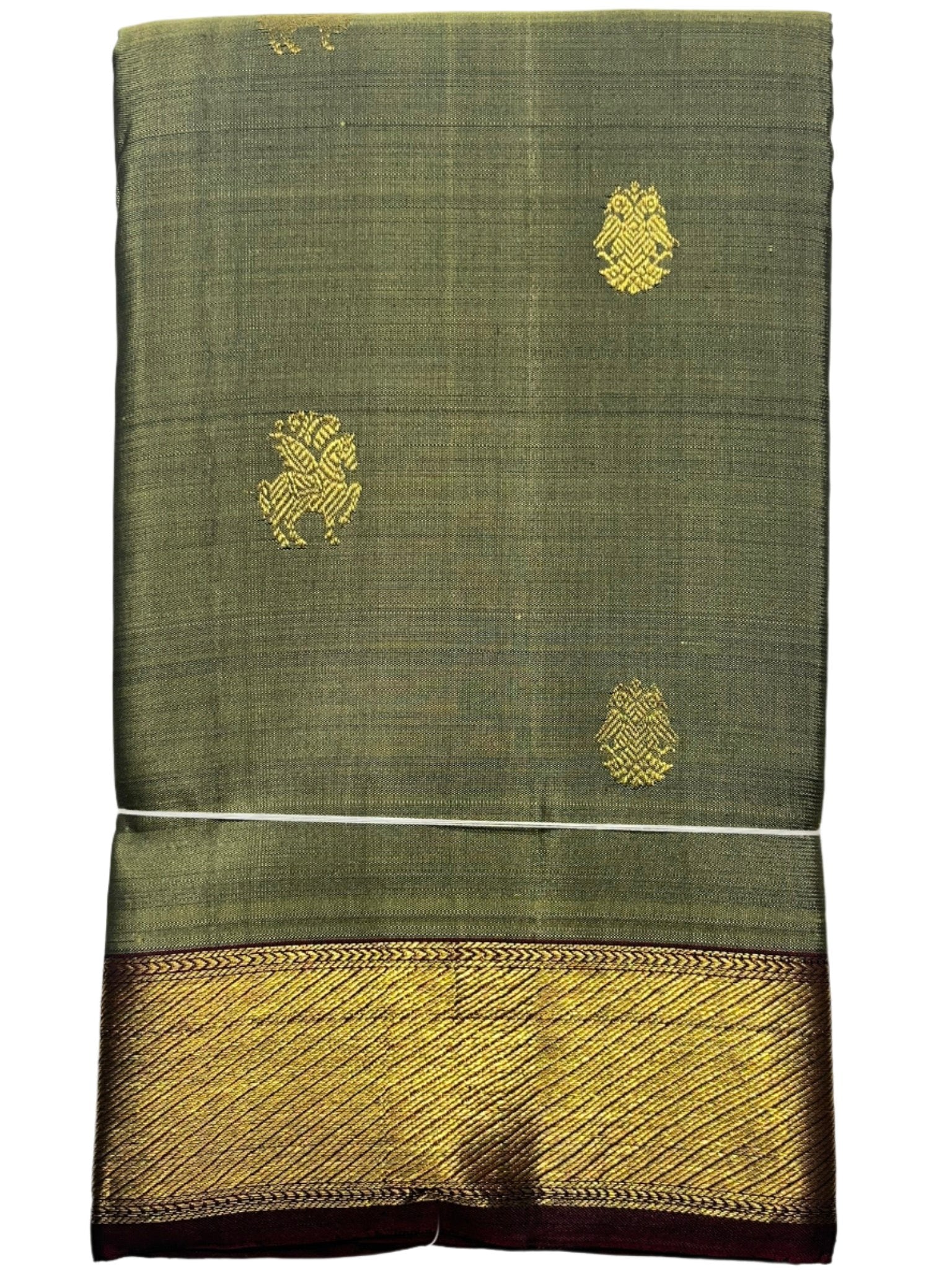 Moss Green Kanjivaram Saree with Gold and  Maroon Border - MIRASILKS Moss Green Kanjivaram Saree with Gold and  Maroon Border