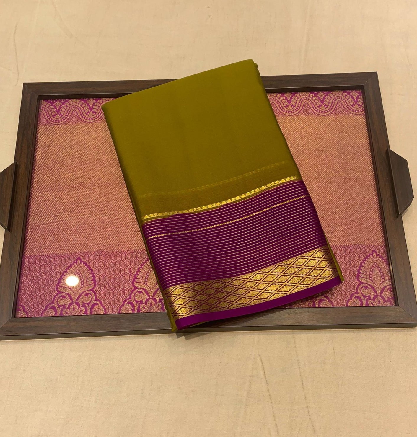 Moss Green Mysore Crepe Silk Saree With Magenta Pallu