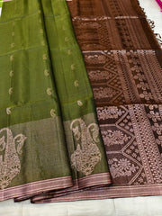 Moss Green Soft Silk Saree with Brown Floral Pallu