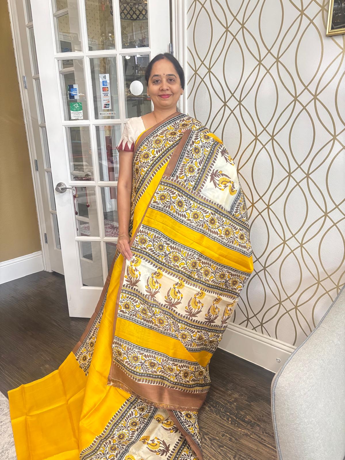 Mustard Yellow Bengal Silk Saree With Floral Pattern Border and Pallu - MIRASILKS Mustard Yellow Bengal Silk Saree With Floral Pattern Border and Pallu