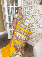 Mustard Yellow Bengal Silk Saree With Floral Pattern Border and Pallu - MIRASILKS Mustard Yellow Bengal Silk Saree With Floral Pattern Border and Pallu