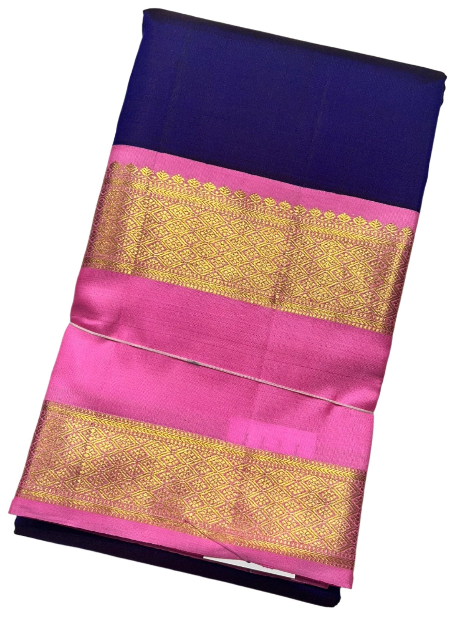 Navy Blue Kanjivaram Saree with Light Pink and Gold Border - MIRASILKS Navy Blue Kanjivaram Saree with Light Pink and Gold Border
