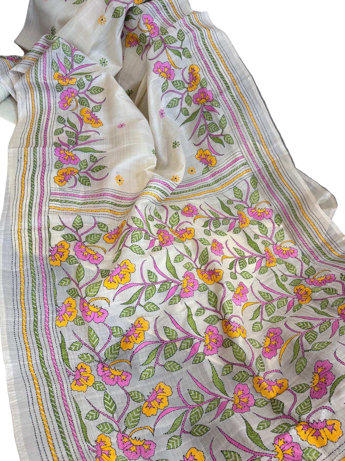 Off White Tussar Silk Saree with Pink Yellow Floral Design