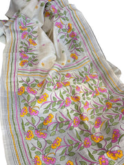 Off White Tussar Silk Saree with Pink Yellow Floral Design