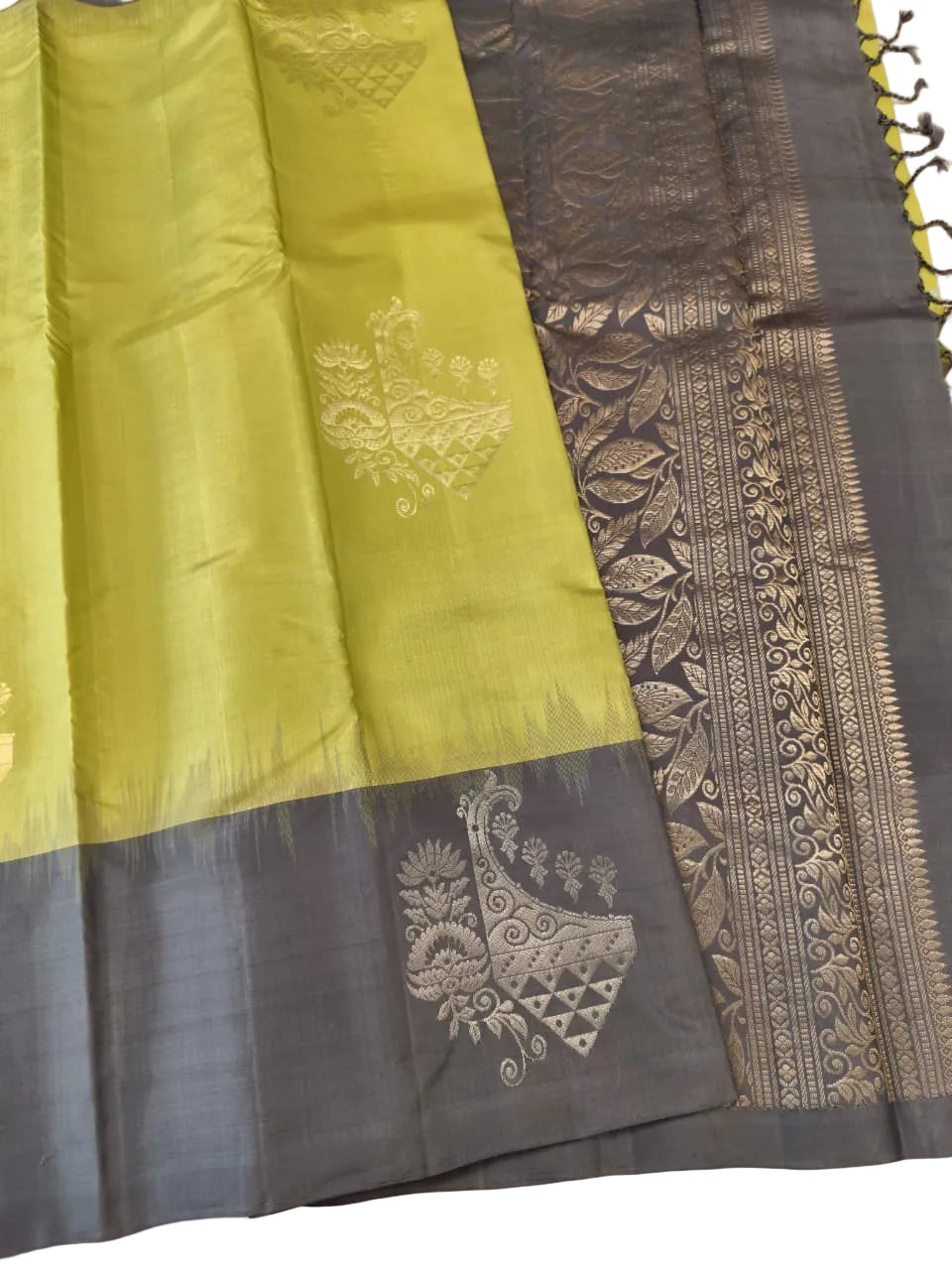 Olive Green Soft Silk Saree with Grey Pallu