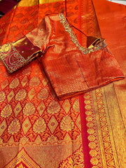 Orange Red Kanjivaram Silk Sari with Ari work Blouse - MIRASILKS Orange Red Kanjivaram Silk Sari with Ari work Blouse