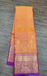Golden yellow checks Kanjivaram Saree with Deep Lilac Border