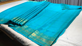 Sea Blue Mysore Pure Silk Saree With Gold Zari Border