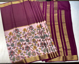 Floral Print Pink and Purple Mysore Pure Silk Saree With Gold Zari Border