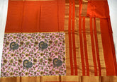 Floral Print Pink and Orange Mysore Pure Silk Saree With Gold Zari Border