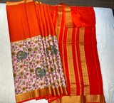 Floral Print Pink and Orange Mysore Pure Silk Saree With Gold Zari Border