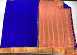 Pure Mysore Silk Royal Blue color Saree With Salmon Pink border - Silk Mark Certified