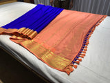 Pure Mysore Silk Royal Blue color Saree With Salmon Pink border - Silk Mark Certified