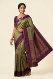 Olive green color Soft Silk Saree with purple border & pallu