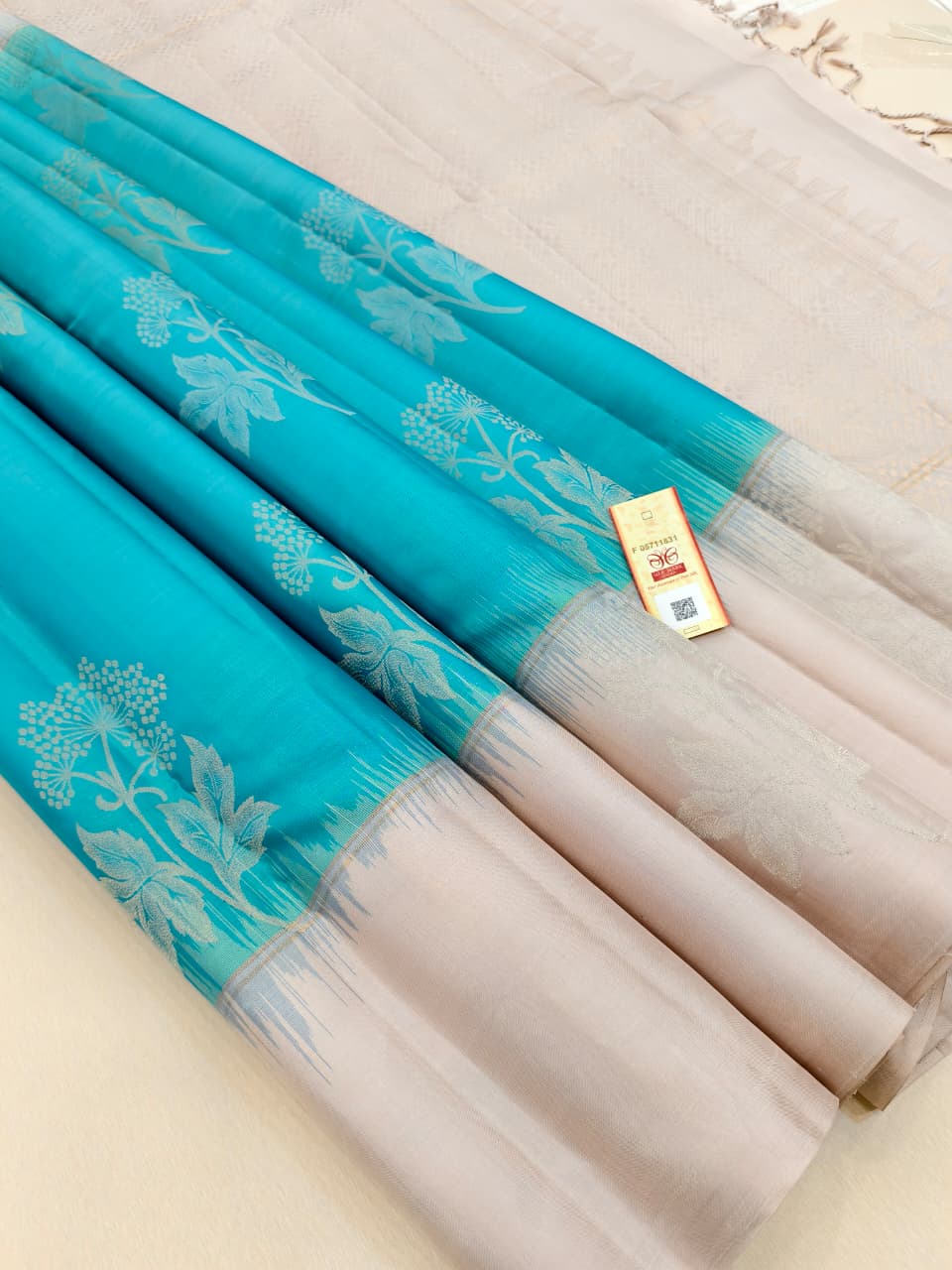 Pacific Blue Soft Silk Saree with Sand Pallu