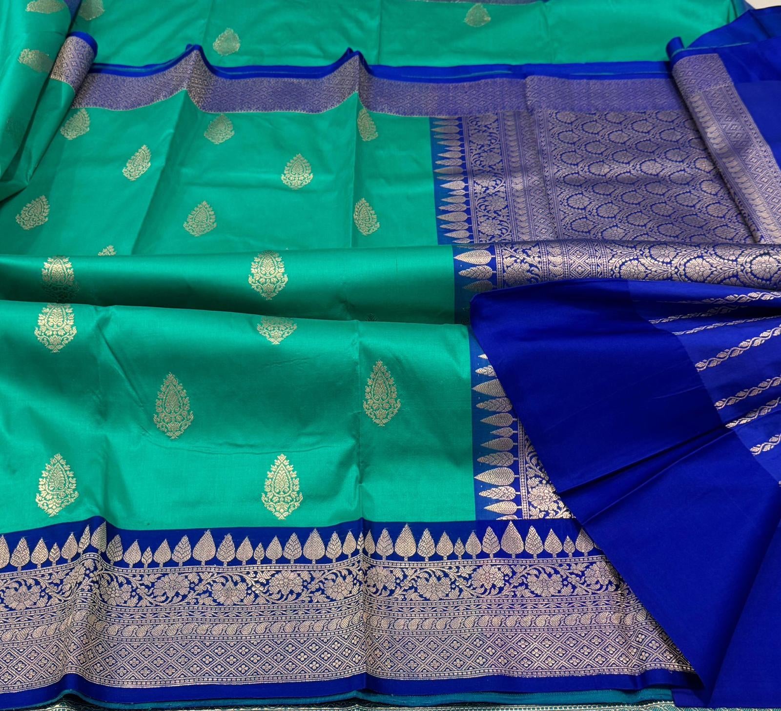 Persian Green Banaras Katan Saree with Royal Blue Border
