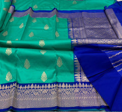 Persian Green Banaras Katan Saree with Royal Blue Border