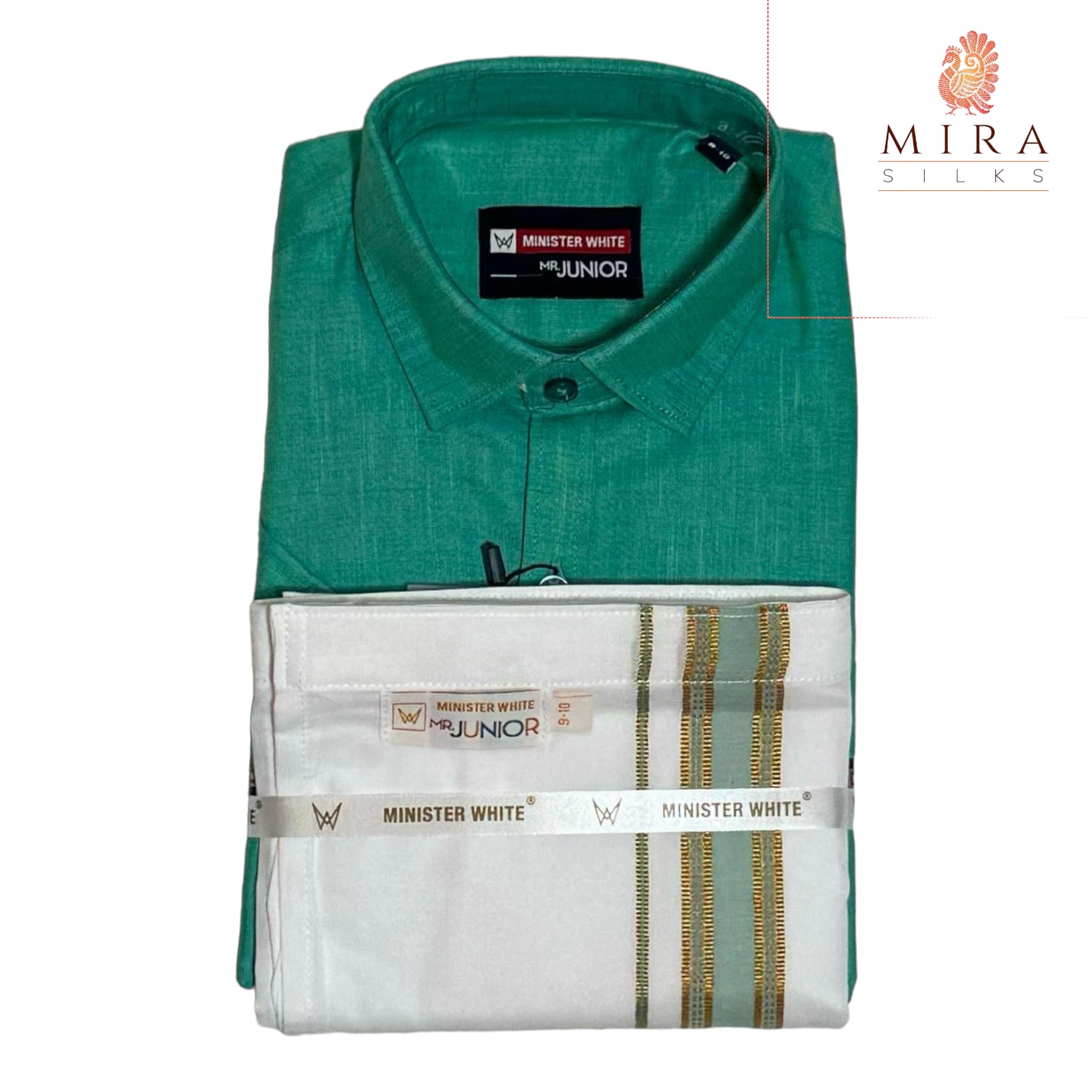 Jungle green junior shirt and dhoti set - MIRASILKS Jungle green junior shirt and dhoti set