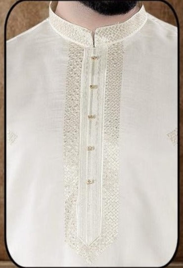 Men's White with Gold Sequin Kurta set - MIRASILKS Men's White with Gold Sequin Kurta set