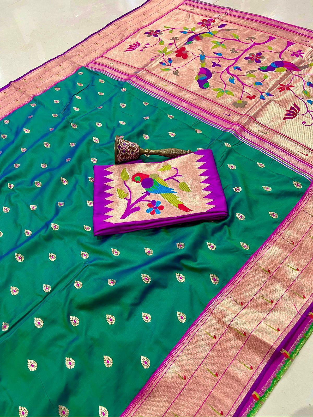 Pine Green Semi Silk Saree with Gold Zari Floral Pallu