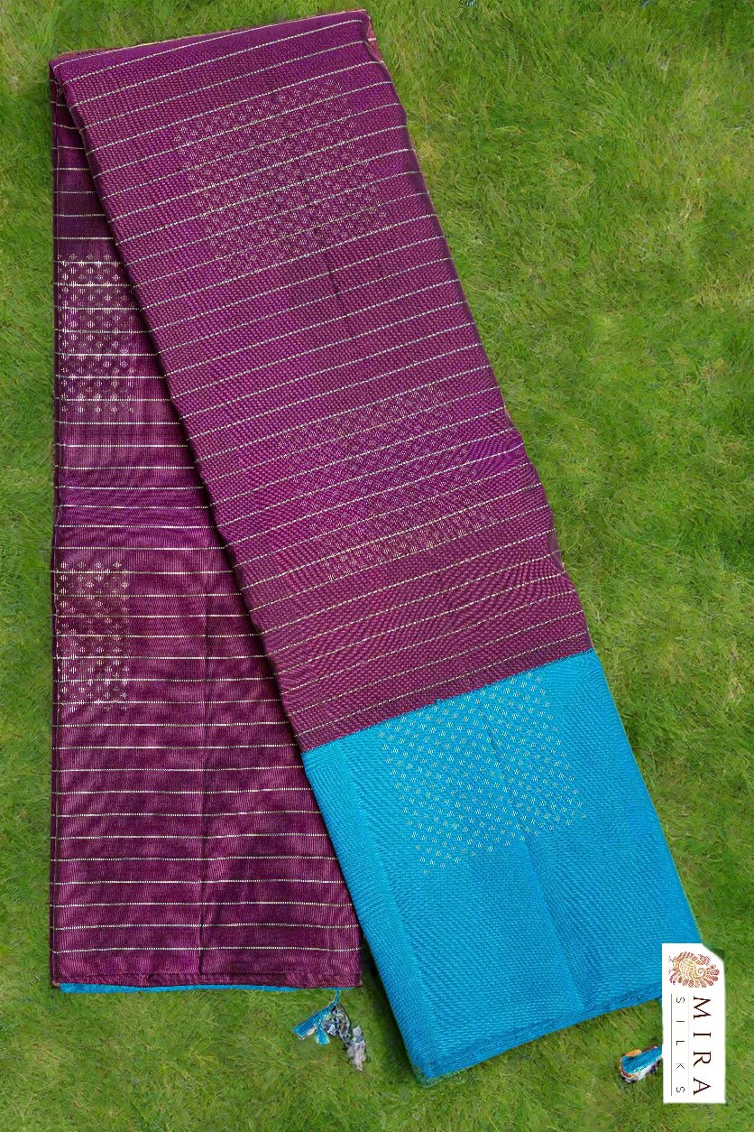 Plum Purple Kanjivaram Saree with Embroided Blouse - MIRASILKS Plum Purple Kanjivaram Saree with Embroided Blouse